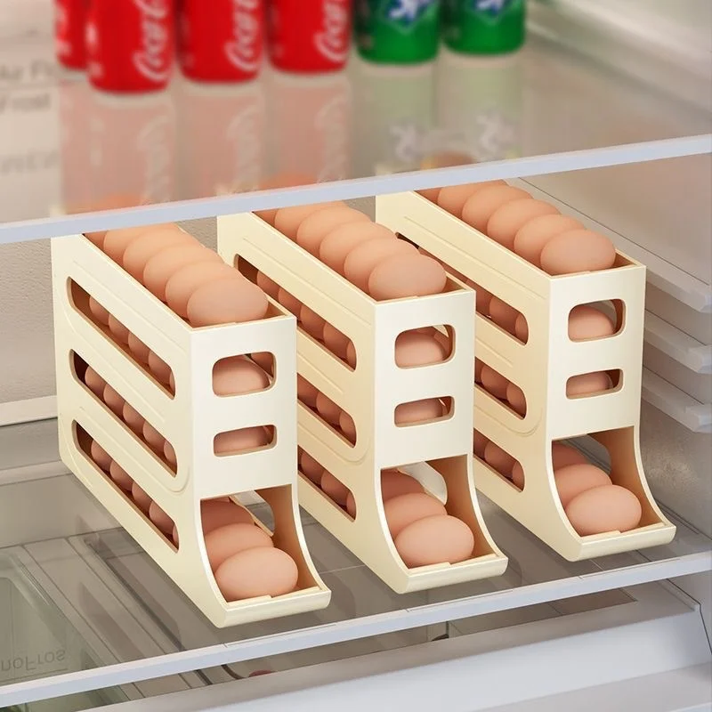 Automatic Rolling 4-Tier Egg Holders Dispenser Home and Kitchen Organizer with PE Plastic Accessory for Fridge Storage