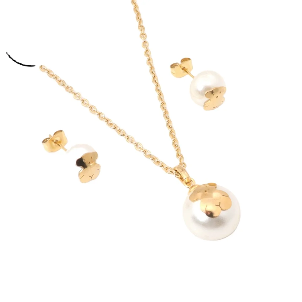 Plated Pearl Necklace Jewelry Set Shell Pendant Necklace Women Stud Earring Set Gold Stainless Steel Cute Animal DHL 15 Sets 20g