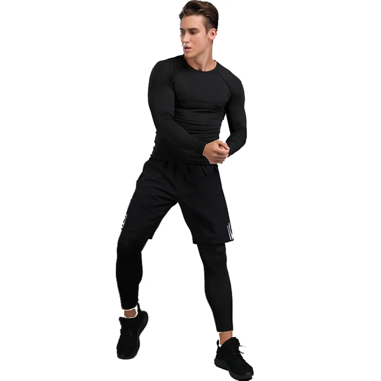 Wholesale Men Compression Clothing Tights Pants Suits Long Sleeves Fitness Sports Suit Men 3 Piece Training Active Gym Wear Set