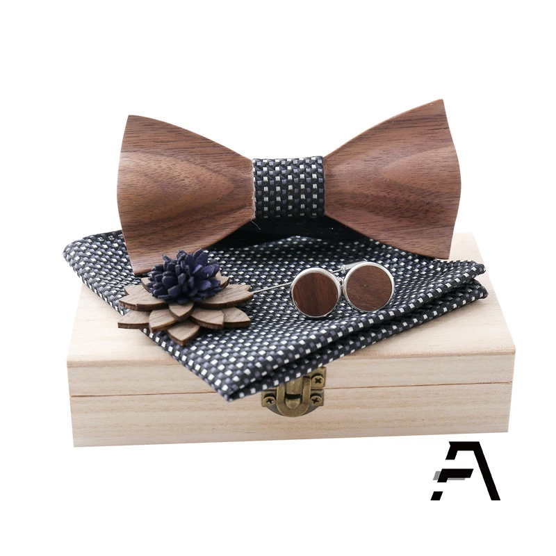 Mens Wood Bowtie Handkerchief Cufflinks Lapel Pin Set For Wedding