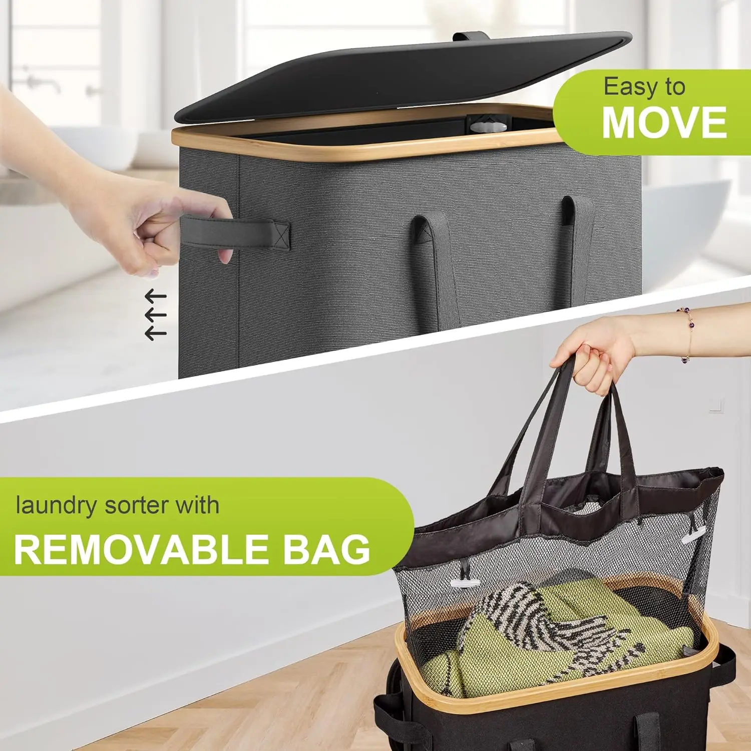 Black Bamboo Laundry Hamper for Clothes and Toys Large Capacity Laundry Hamper with Wheels Bamboo Laundry Basket