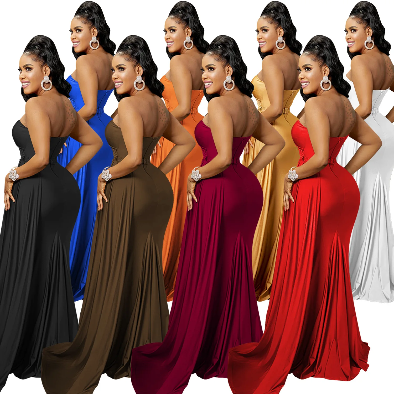 An and N New Fashion Solid Color Party Dress Elegant and Sexy Floor Sweeping Tight Dresses for Women