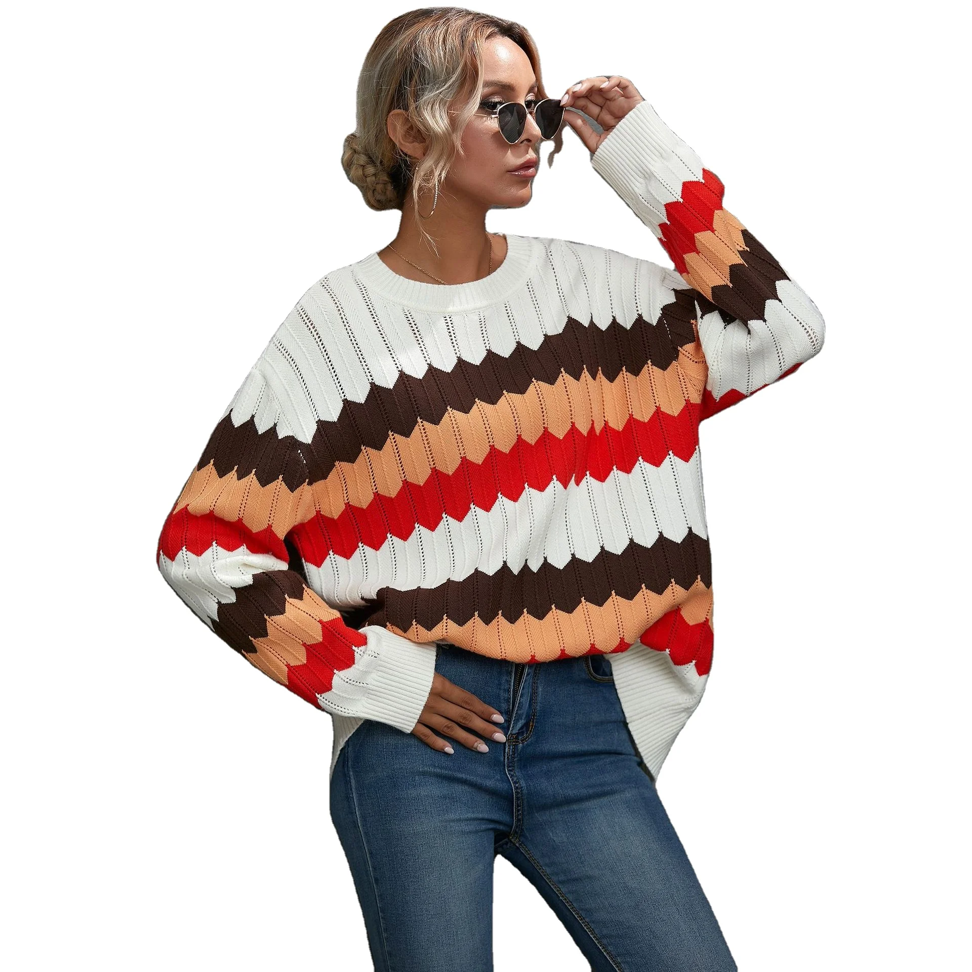 2021 осенне-зимний женский свитер с волнистым узором, повседневный женский свитер контрастного цвета в полоску