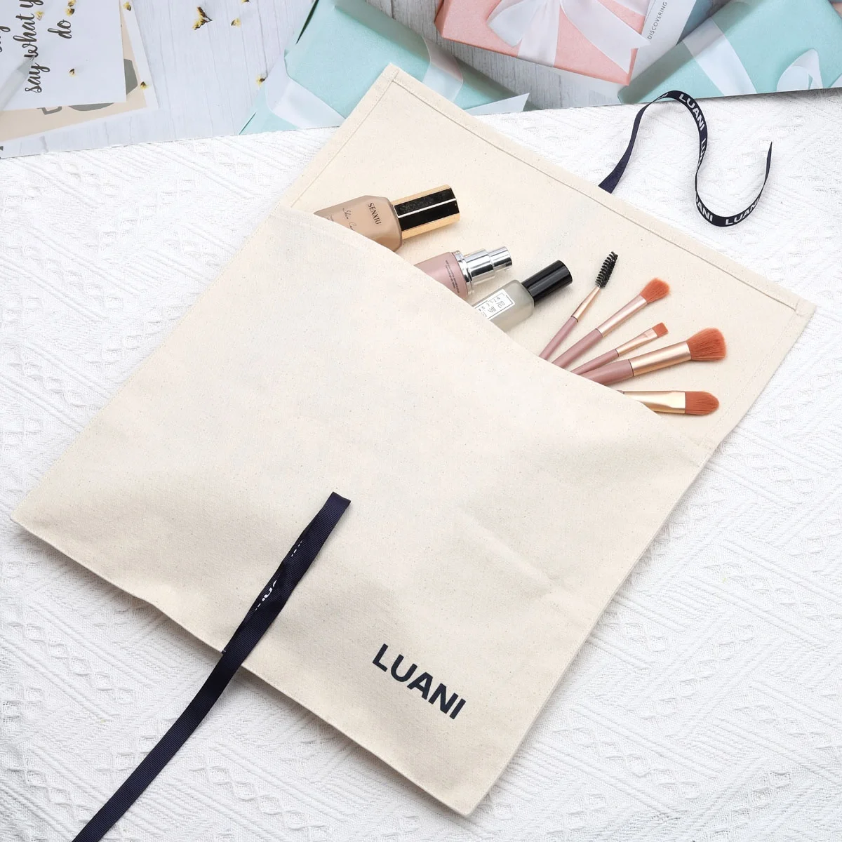 Custom Organic Cotton Canvas Envelope Bag With Ribbon Muslin Canvas Envelope Pouch Clothing Handbag Packaging Dust Bag