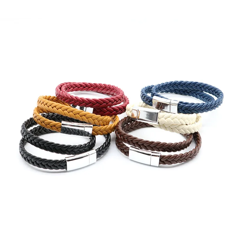 Wholesale Man Faux Leather Bracelet with Magnetic Clasp Microfiber PU Multi-Layer Braided Leather Men Bracelet