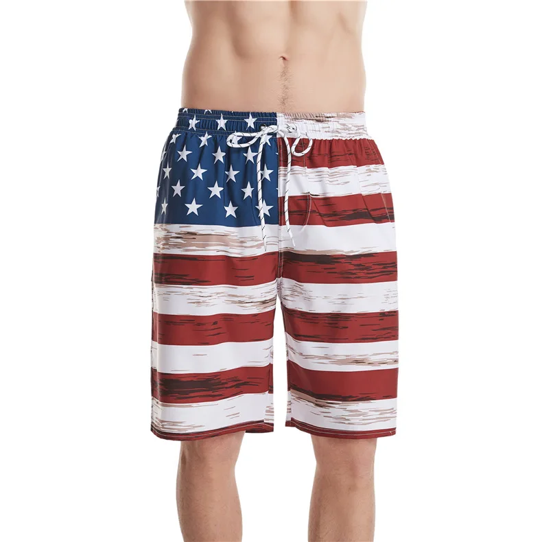 Custom 4 Way Stretch Printed American Flag Swim Shorts Men Beach Trunks