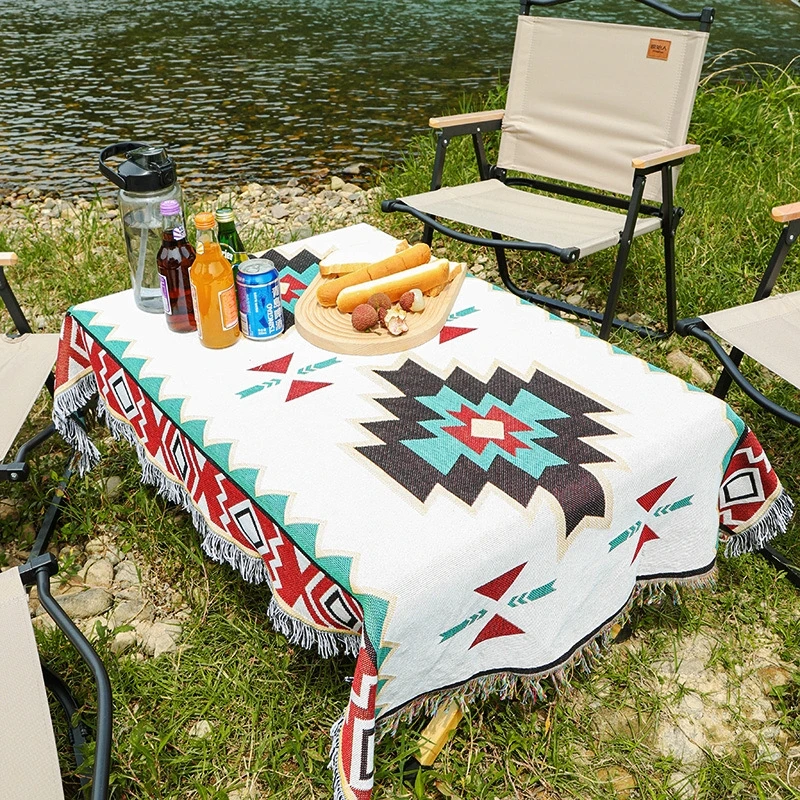 Camping Accessories Portable Bohemian Boho Hiking Acrylic Tassels Leather Strap Printed Picnic Mat