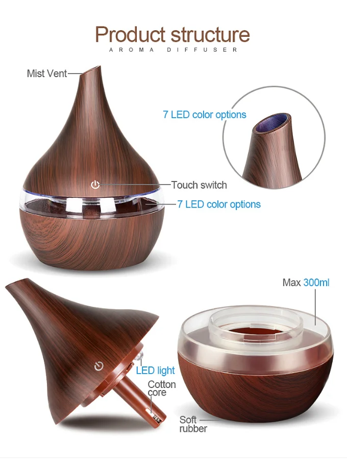 300ml wood grain Diffusers 7 color night light Mist Maker Fogger home Diffuser Air Purifier Humidifier