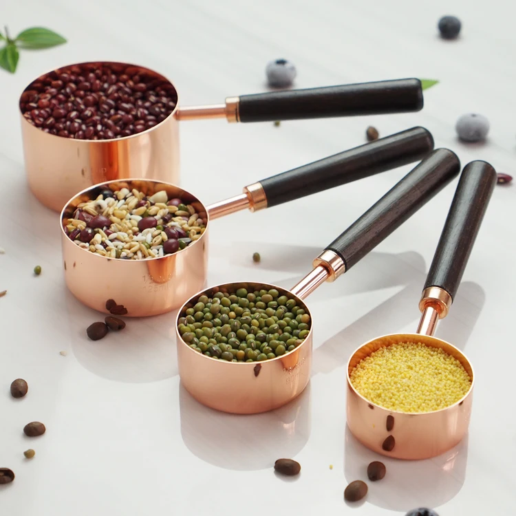 
Hot Selling 4pcs copper Stainless Steel Rose gold Measuring Cups set With Wooden Handle 