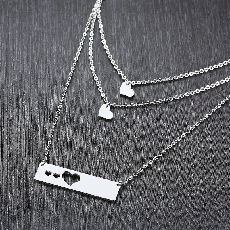 Stainless steel long heart-shaped three-layer necklace silver simple Japanese and Korean lady necklace