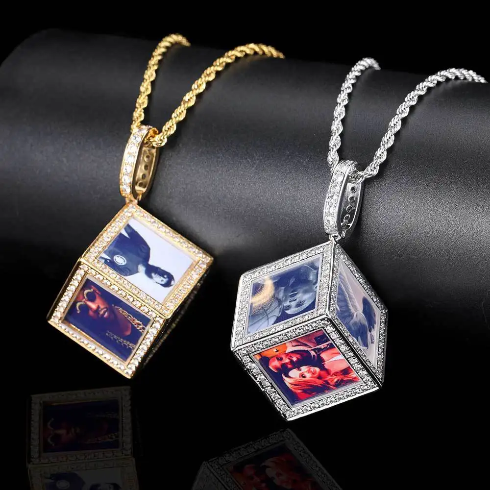 Customizable Brass Cube Pendant Photo Necklace Trendy Hip Hop Ice out Necklaces with Family Personalized Portrait for Weddings