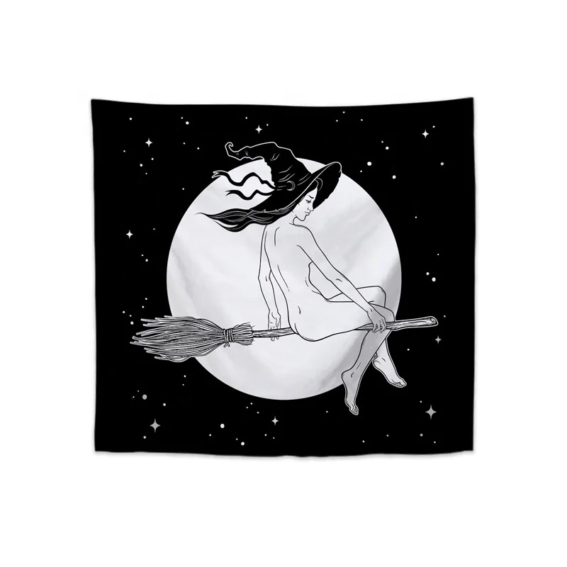 Custom Witch Magic Mystic Moon Black and White Wall Hanging Tapestry Wall Art Decor