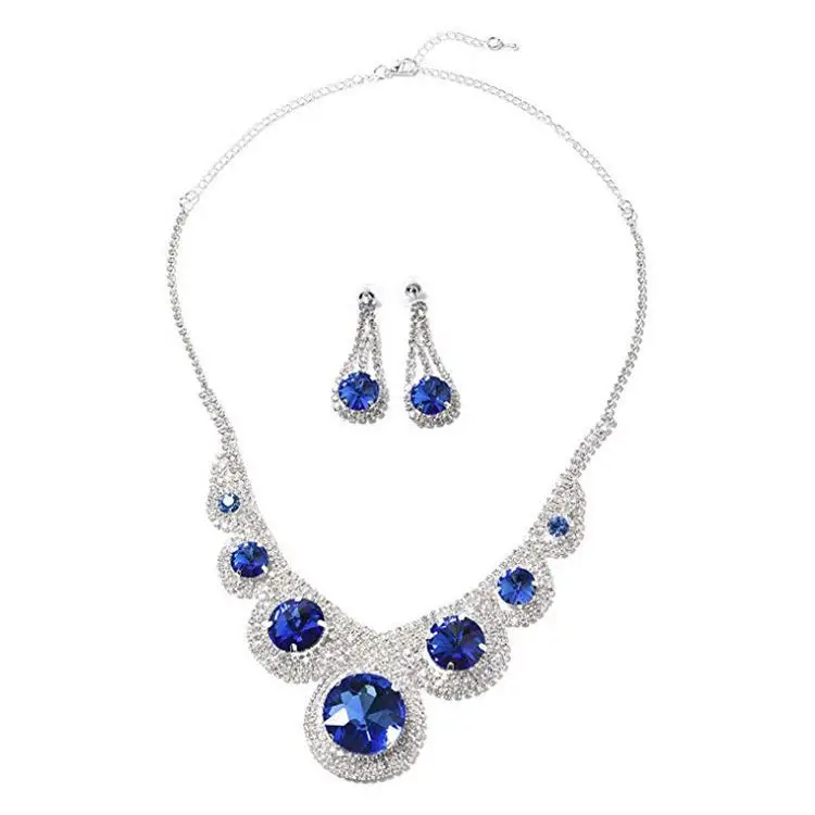 Dangle Drop Earrings Necklace Set For Women Blue Glass Crystal Silvertone Gift Costume Jewelry