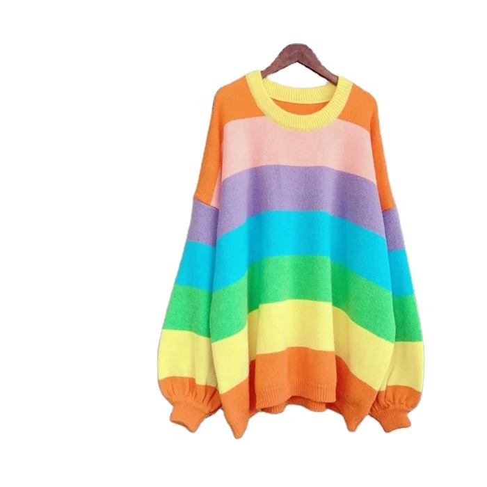 
Свитер Топы для женщин Радуга свитер Свободный вязаный свитер с круглым вырезом свободный свитер Топы 