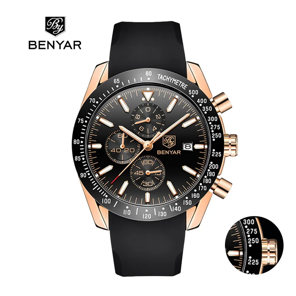 BENYAR 5140 2023 Men Watches Luxury Silicone&Steel Band Wristwatches Man Leather Chronograph Quartz Watch Masculino