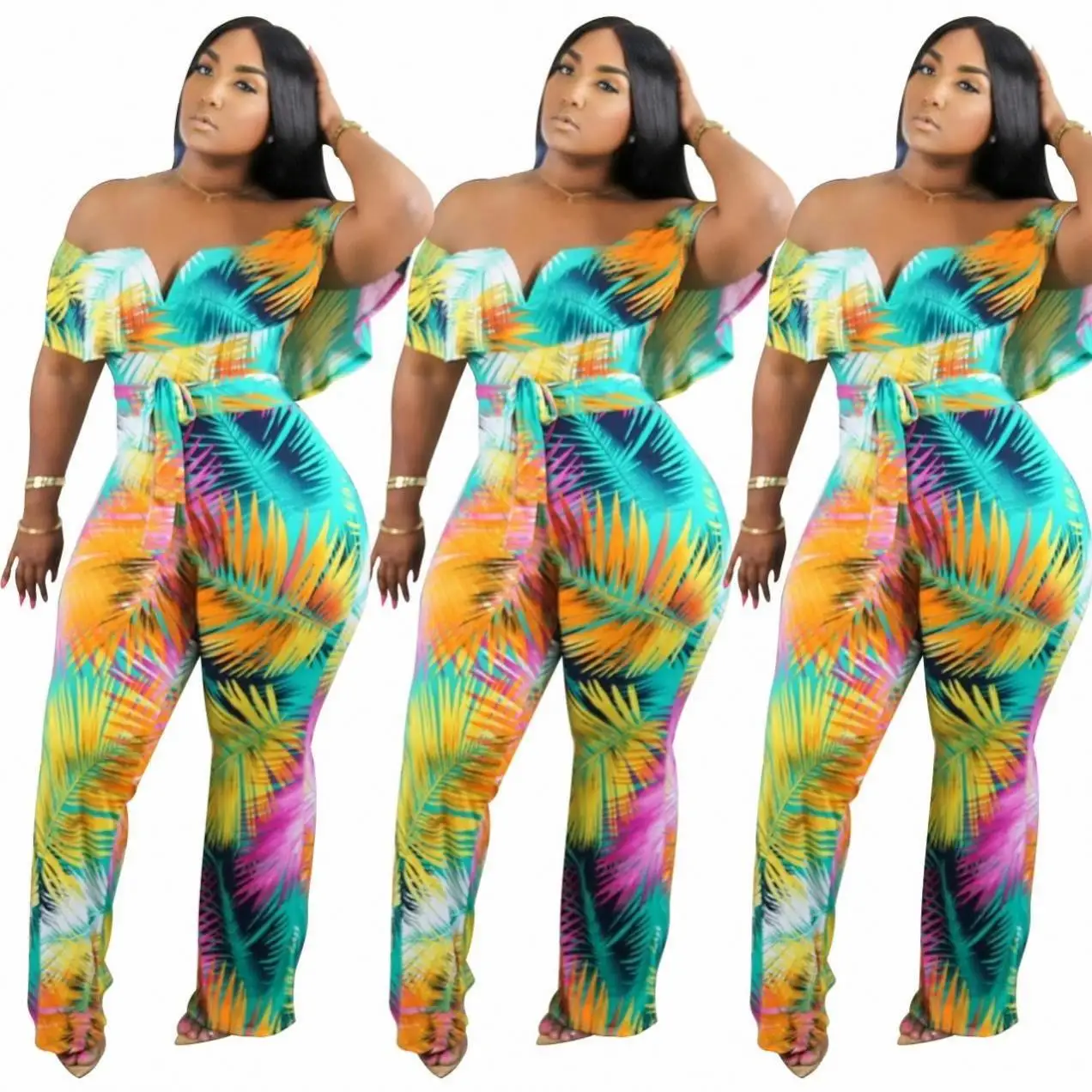 KG0162 2022 Fashion Ladies Casual Outfit Sexy One Piece Floral Print Wide Leg Woman Rompers Jumpsuits Plus Size Women Clothing