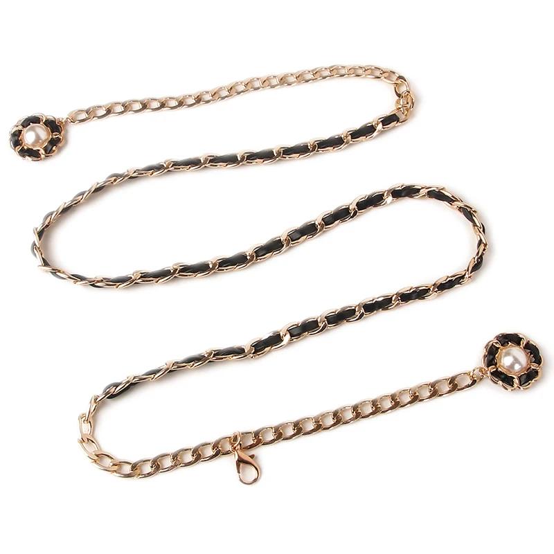 Factory Hot Sale Ladies Fashion Belt Metal Chain Wave Flower Pearl Buckle Chain