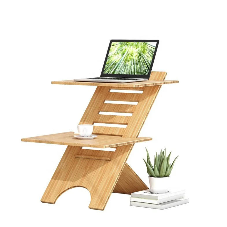 Bamboo Sit stand Desk Height Adjustable Stand Up Desk Converter Workstation
