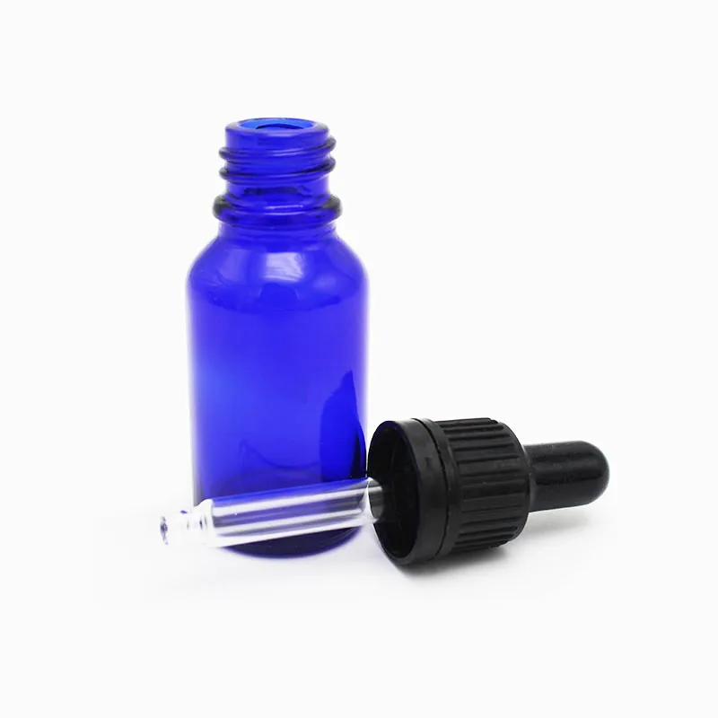Essential oil packaging 15ml blue glass dropper bottle with black plastic cap