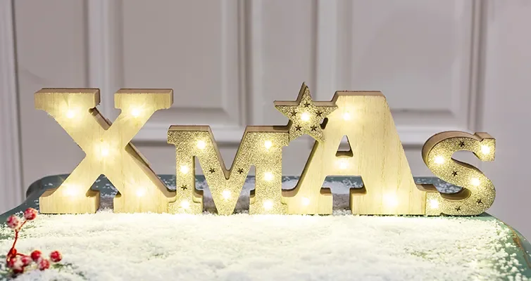 Newish new arrival H7.3inch gold glitter light up XMAS letter wooden decor  21LED christmas decoration light