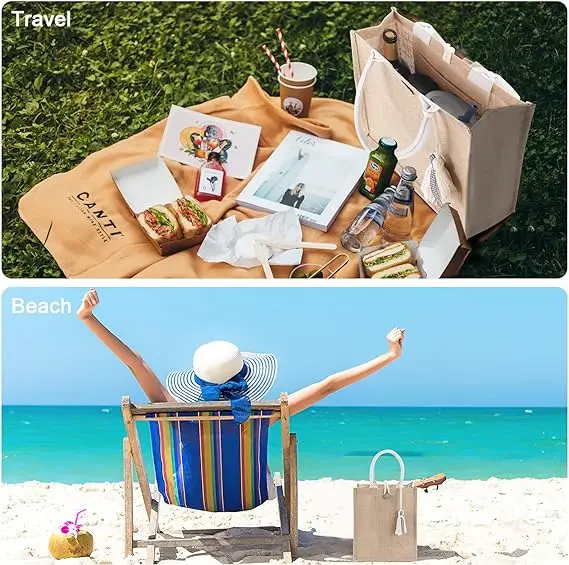 Лидер продаж пляжный продуктовый подарок Женская внутренняя сумка с пуговицами переработанная Складная Водонепроницаемая Сумка-тоут на заказ Джутовая