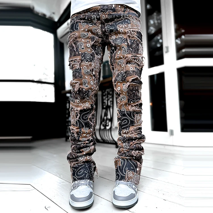 Fashion Vintage Wash Stacked Jeans Men Digital Screen Print Jeans For Man