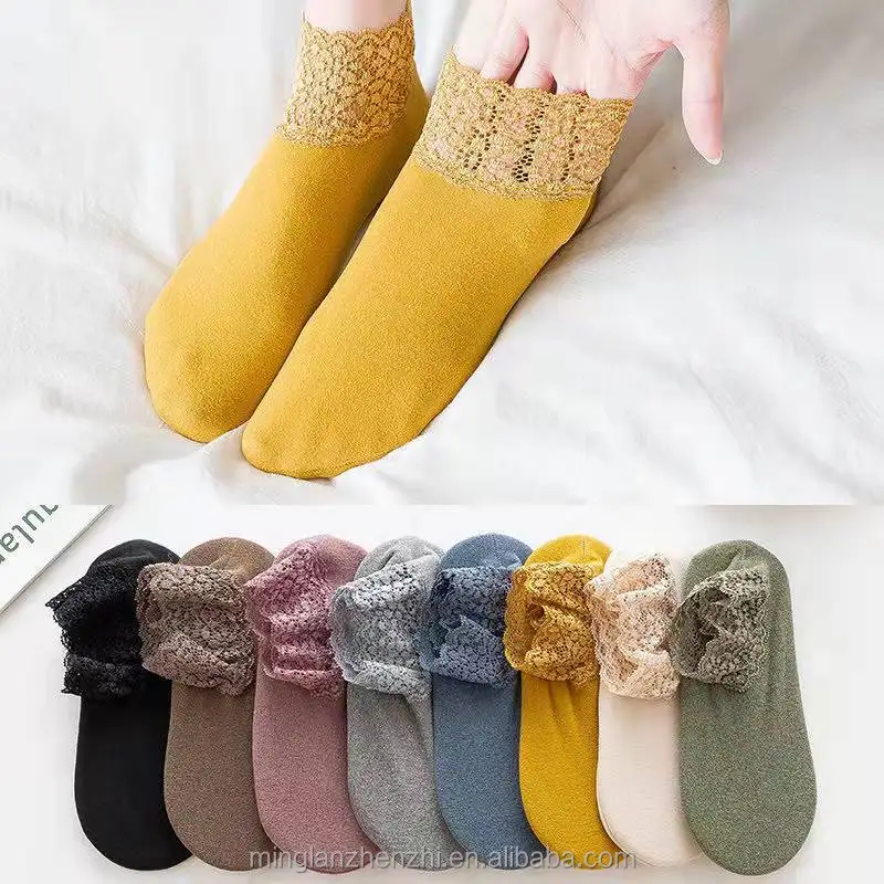 In stock  Breathable Cotton Knitted Tube Women Lace Boat Socks Solid Color Ankle Socks