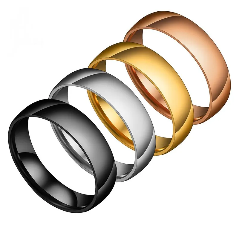 6mm High Polished Silver Black Blue Gold Rose Plated Stainless Steel Ring Men Women Simple Dome Smooth Wedding Band