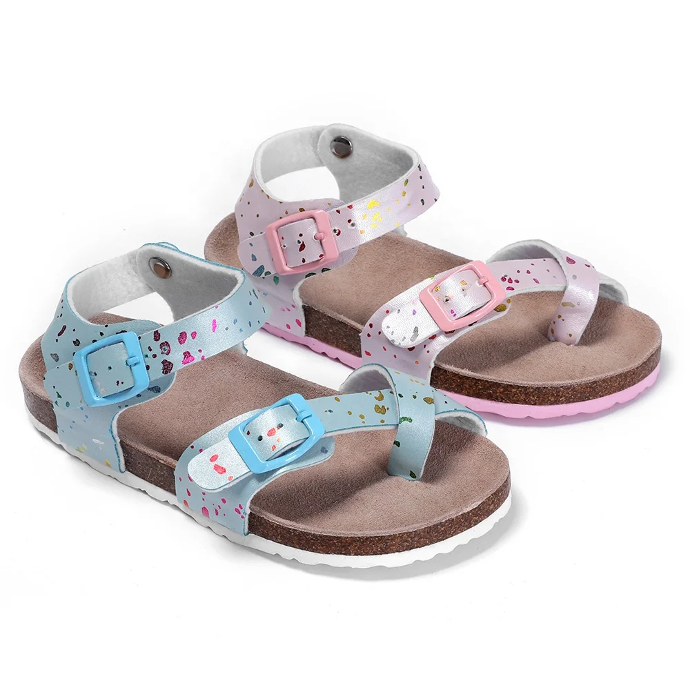 Factory Direct Sale High Quality Flat Beautiful Sandals for Kids Children Girls with  Adjustable Buckles Bio Cork Foot-bed