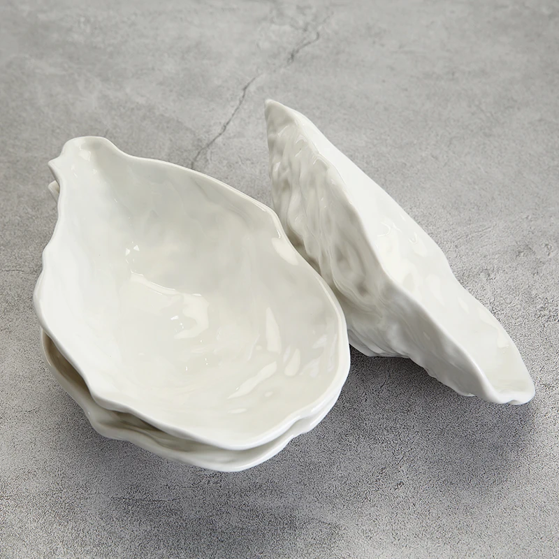 WEIYE 2021 new arrival Oyster shell shape plate set bamboo base white porcelain snack dish Dessert plate