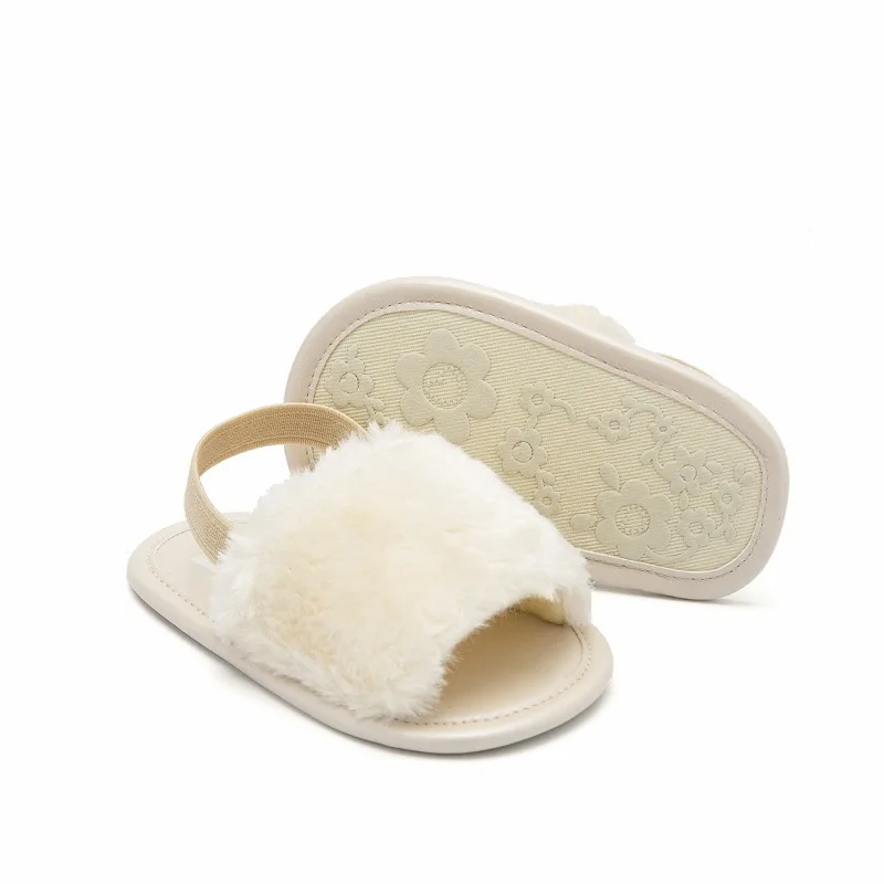 Wholesale Infant Fur Sandals Summer Girl Fancy Cute Baby Furry Slippers Solid Color Newborn Prewalker