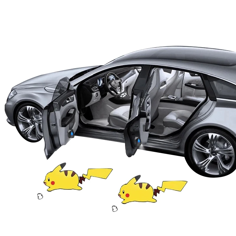 Rechargeable Car Door Atmosphere Warning Light Novelty LED Car Light Dynamic Cartoon Projector Lamp Pikachu Anime Decor Lamp