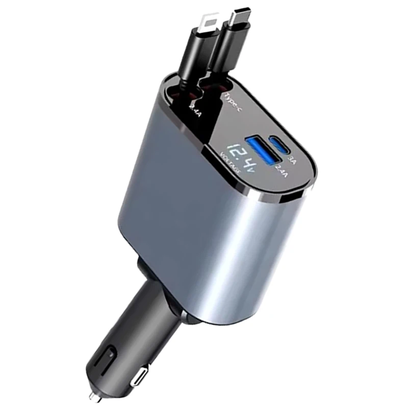 Newest 20W 4 IN 1 USB Type C Cable For IPhone Samsung Fast Charge Cord Cigarette Lighter Adapter Retractable Car Charger