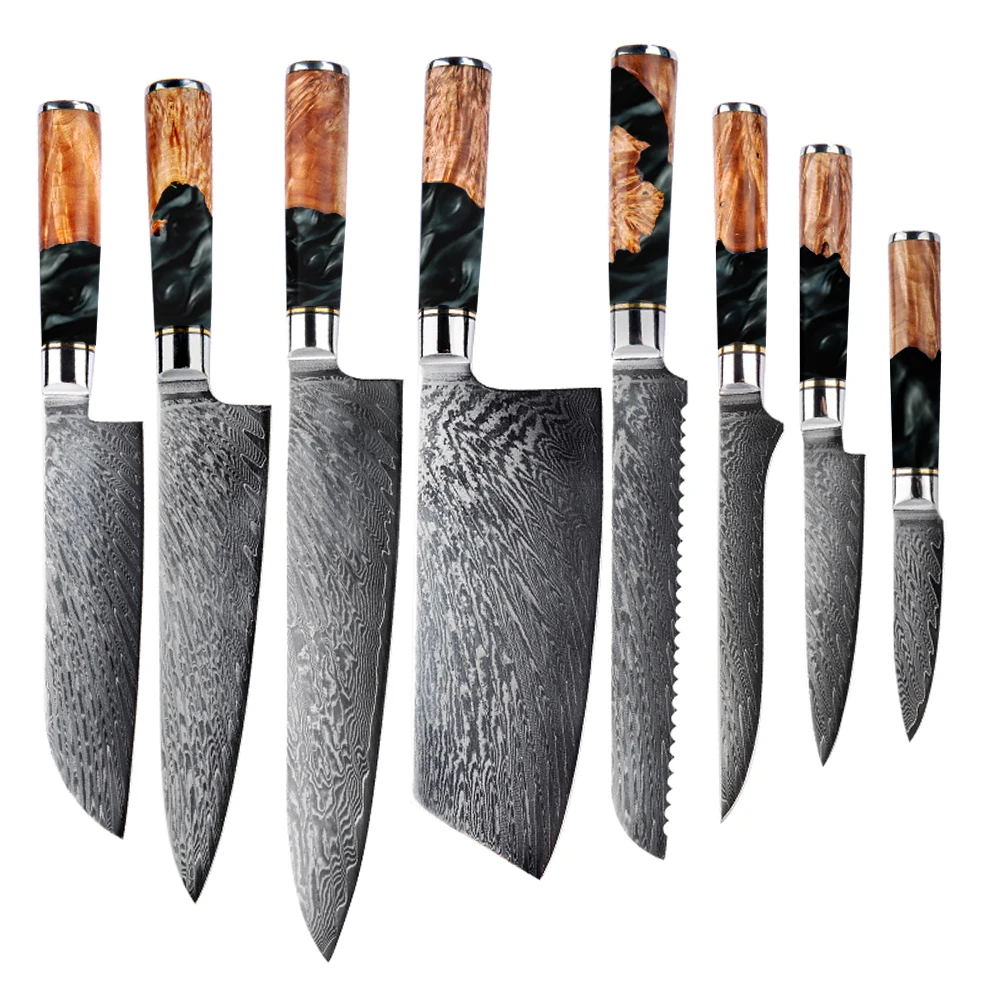 
OEM japanese cooking 8 inch professional chef knife gift box 67 layer vg10 steel damascus knife set with resin wooden handle 