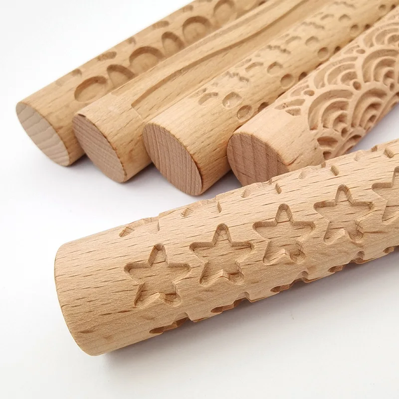 2mm Depth Pattern Hand-made Wooden Textured Rolling Mud Embossed Stick with Pattern Pottery Tools