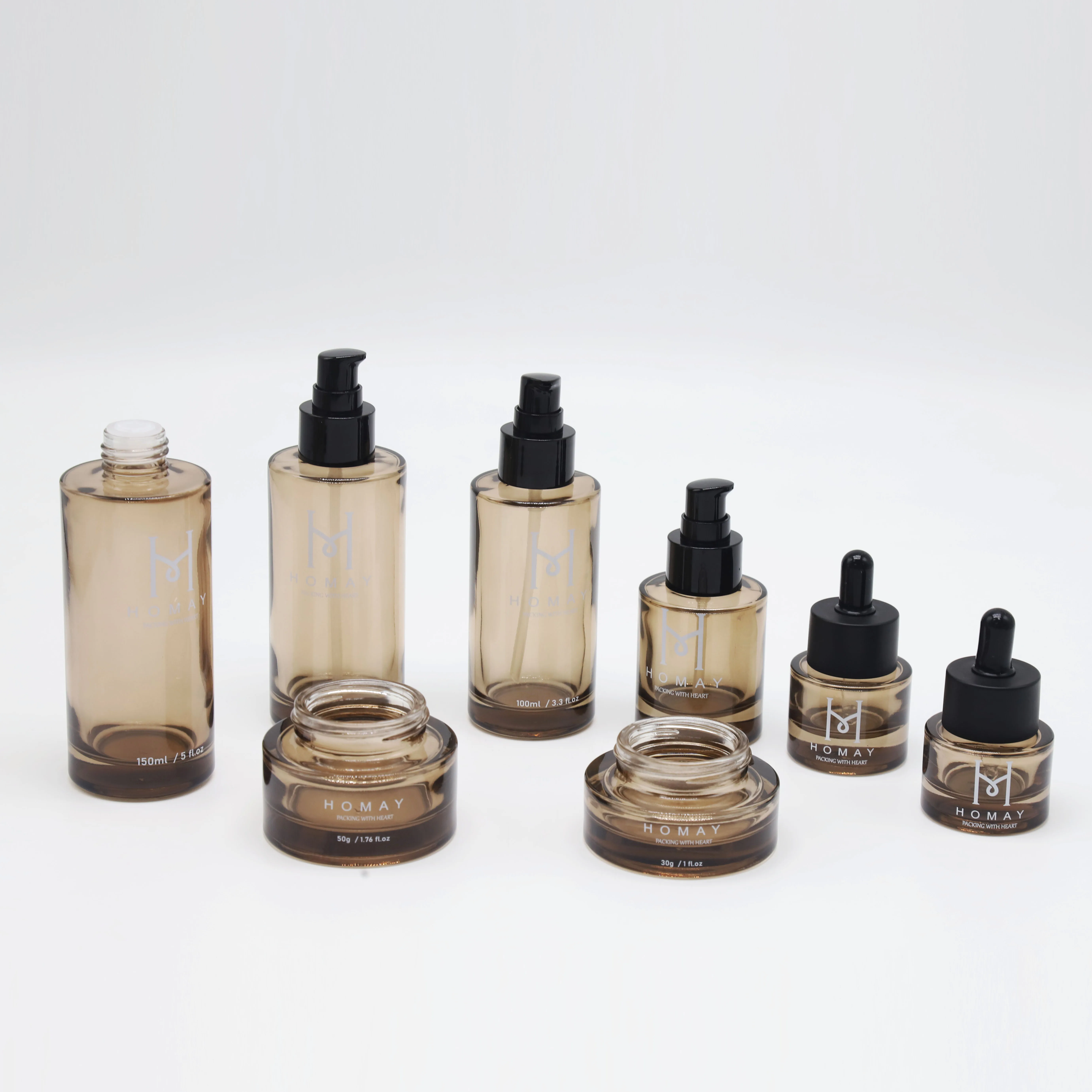 Homay packaging high ended 10ml 20ml 30ml 50ml 100ml amber glass lotion bottle set for facial care products