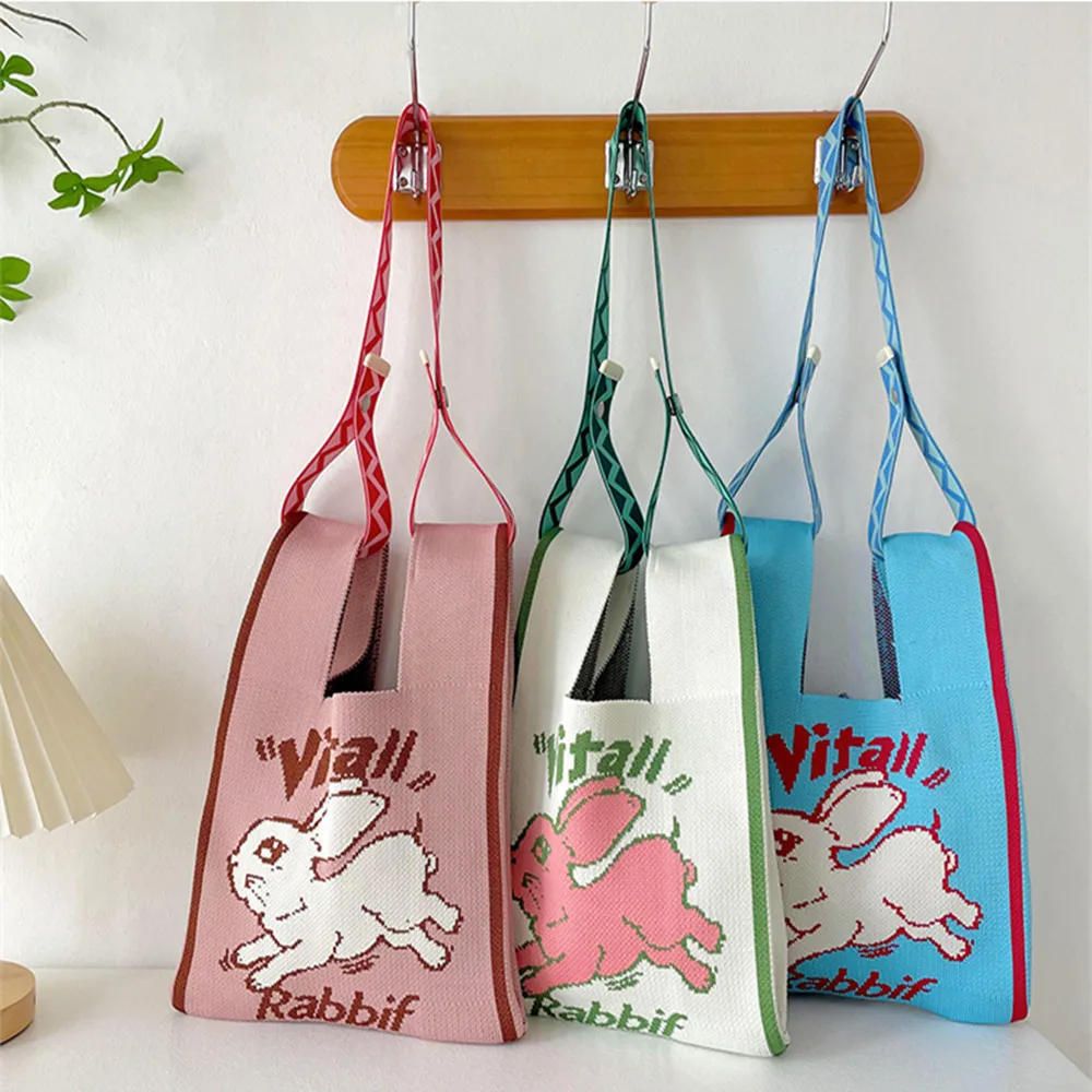 Brand Design Cute Rabbit Pattern Knitting Fabric Handbag Eco Small Shopping Bag Wool Crochet Tote Hand Bags for Women