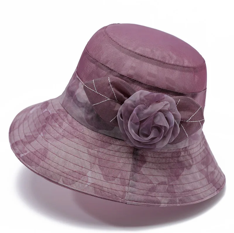 New Fashion  Flower Church outdoor Hats Elegant Summer Ladies Organza Wedding Middle -aged Women Bucket summer Hats