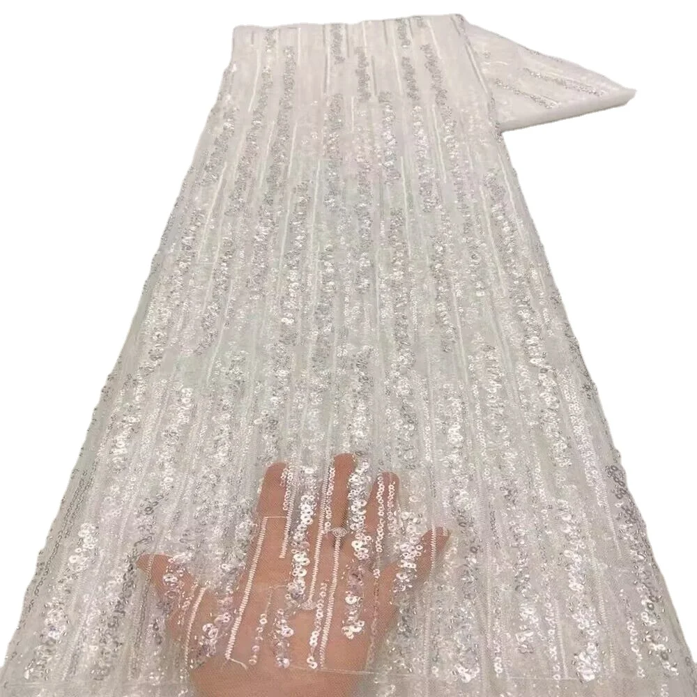 fancy flower embroidery fabric with sequins, high-end white lace fabric for wedding bridal dress