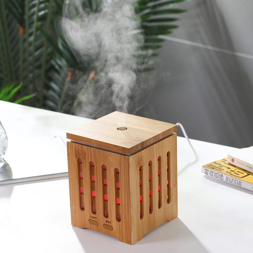 Square Shape Ultrasonic Aroma Diffuser Machine Real Bamboo Aromatherapy Essential Oil Diffuser