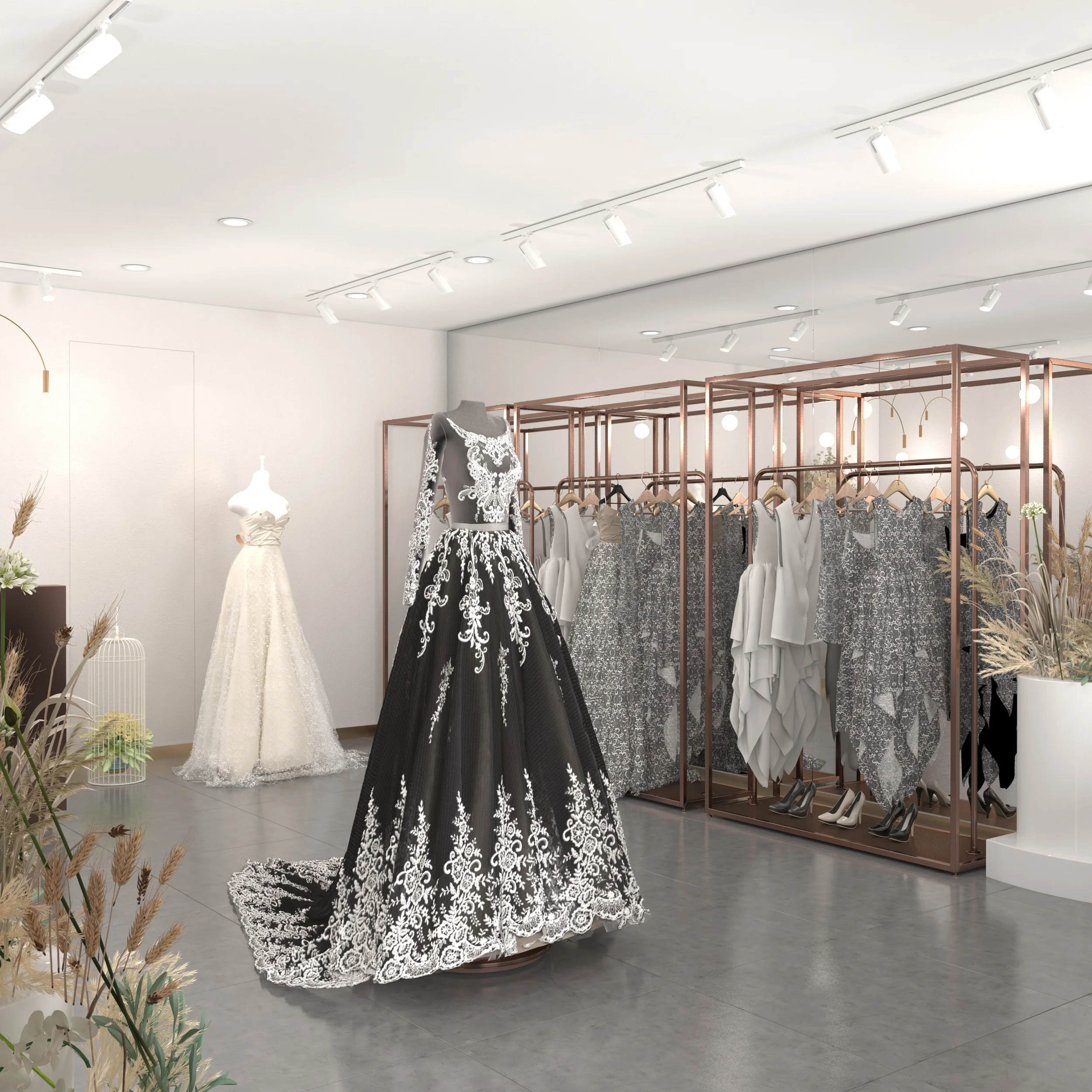 Boutique Bridal Shop Interior Shiny Romantic Design Luxury Wedding Dress Ceremonial Dress Display Stand Bridal Dress Hanger