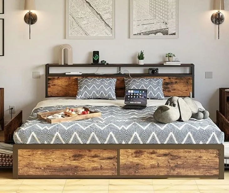Сверхмощный металлический каркас кровати размера «Queen Size» на платформе с деревянной подножкой для изголовья 13 прочных металлических планок