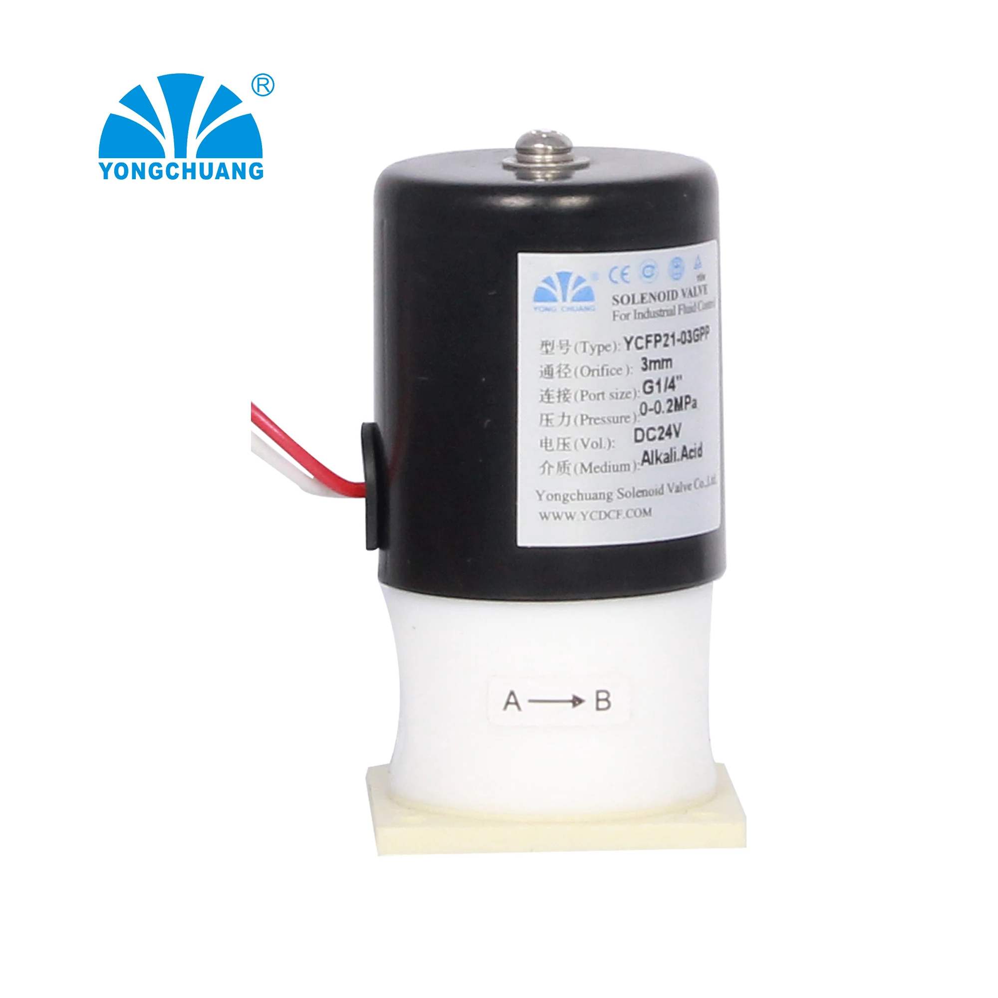 Yongchuang YCFP21 Chemical Resistant Ptfe Solenoid Valve Corrosive Fluid and Acid Solenoid Valve