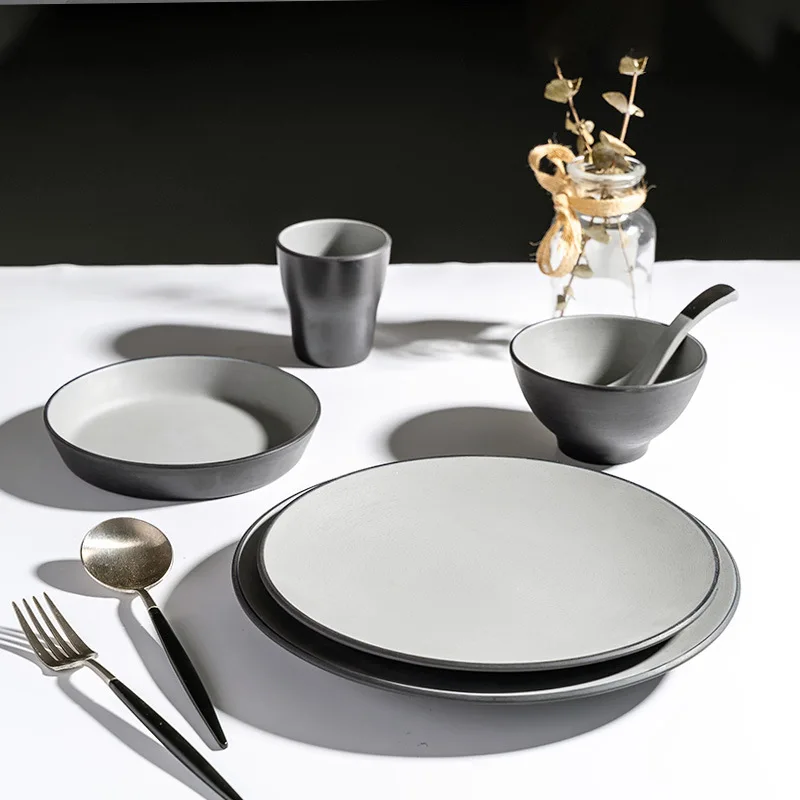 Restaurant Unbreakable Black Gray Frosted Disc Melamine Flat Plates Dishes Set for Western Food Steak