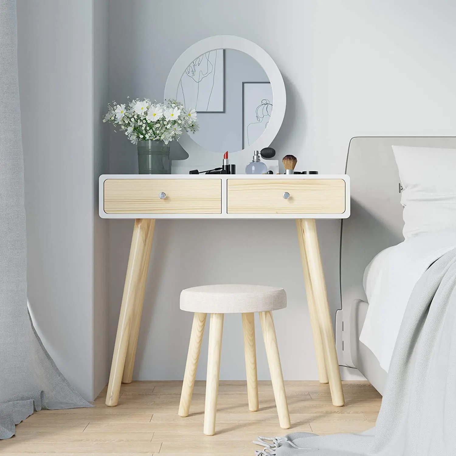 Mdf Modern Simple Vanity Panel Bedroom Wooden Furniture Mirrored Dressing Table With Mirror And Stool