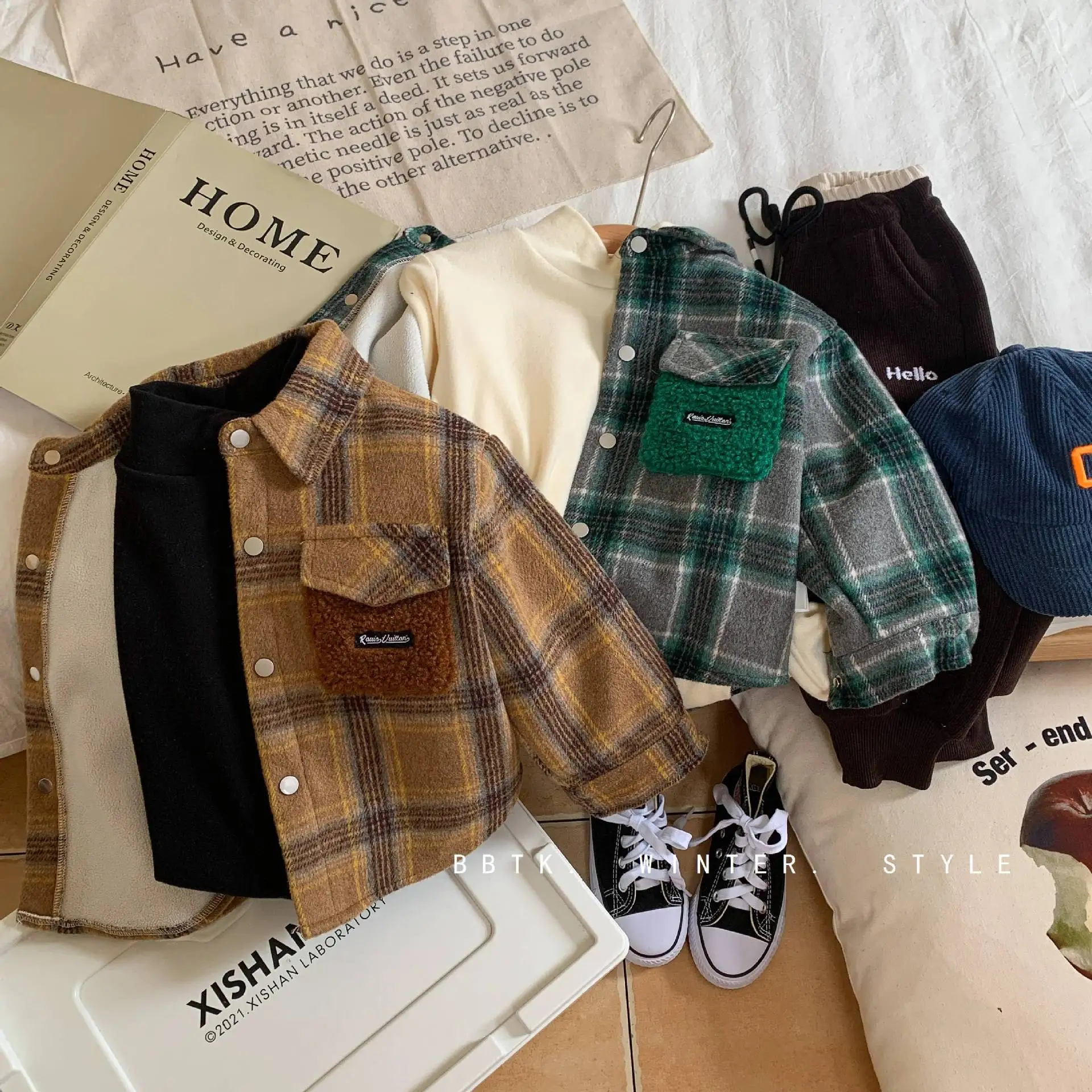 Winter cotton shirt for boys and girls with plaid collar and velvet shirt jacket kids casual jacket