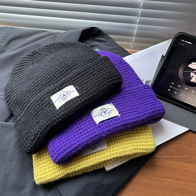 sport new fashion waffle knitted beanie hat logo embroidered mens knit cuff waffle knit beanie hat