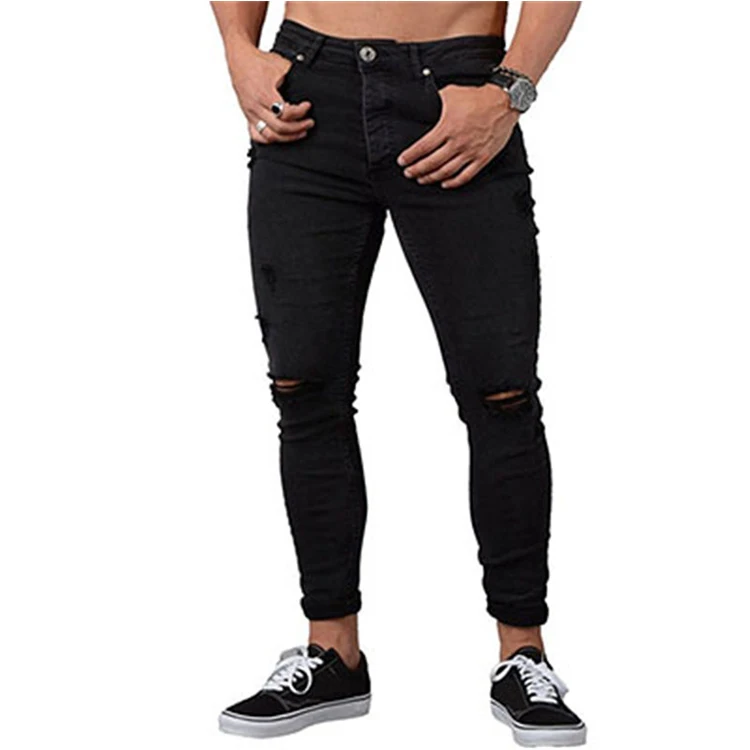 
High Quality Fashion Men Ripped Distress Super Skinny Stretch Black Slim Fit Male Plain Jeans 