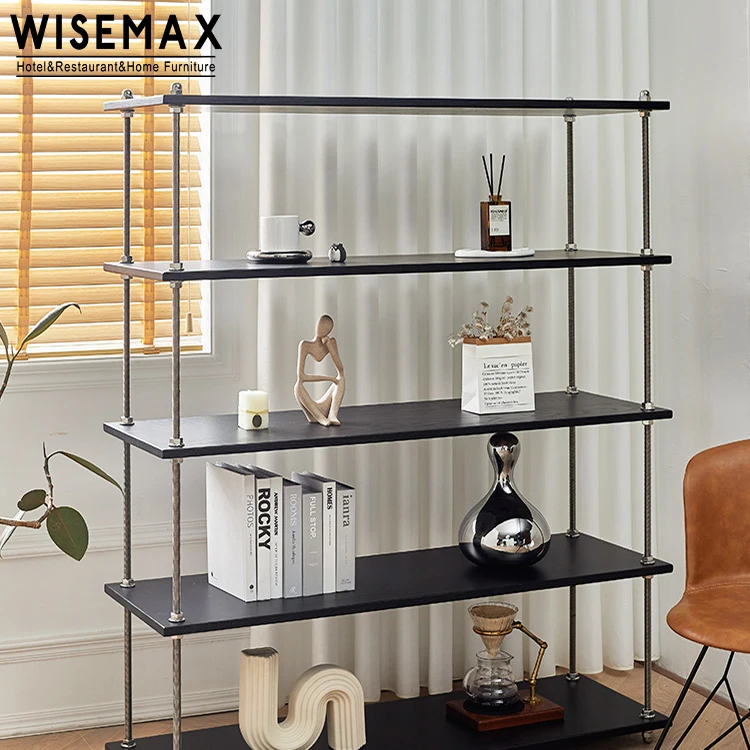 WISEMAX FURNITURE Modern Living Room Furniture Tall Metal Frame Ash Wood Board 5 Layers Shelf Cabinet for Bedroom
