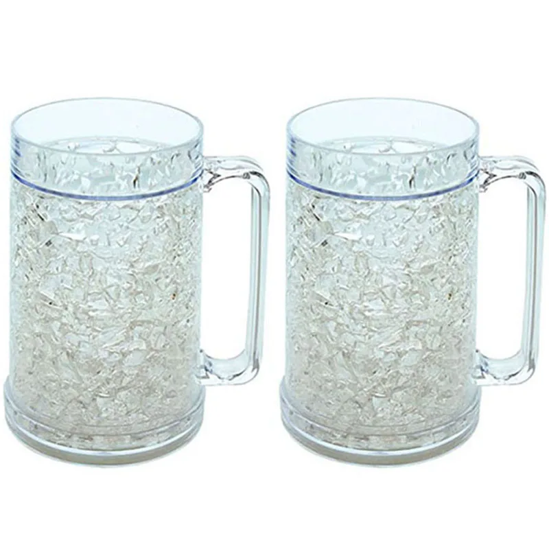 2 Pack Clear Double Wall Gel Frosty Freezer Mugs, 16oz Ice Frosty Beer Mugs Freezable Drinking Cups with Handle
